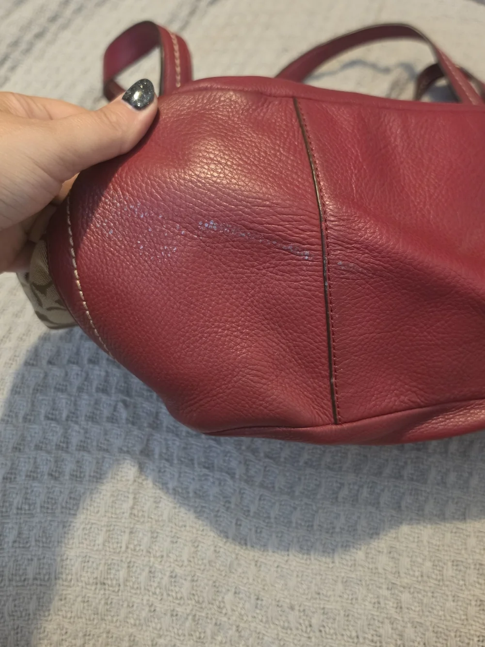 Coach Park Signature Carrie Tote Beige With Burgundy Trim